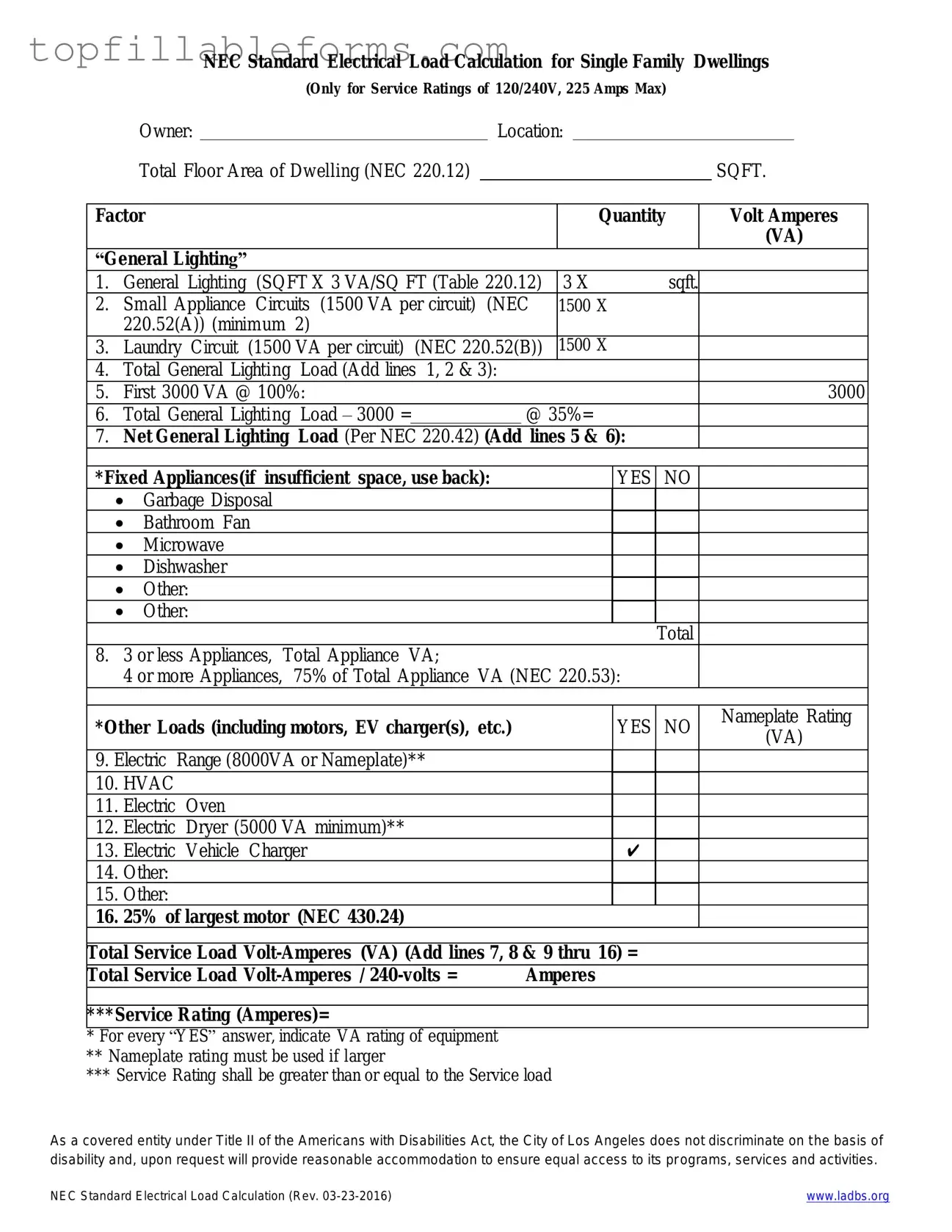 Printable LADBS NEC Standard Electrical Load Calculation Form in PDF