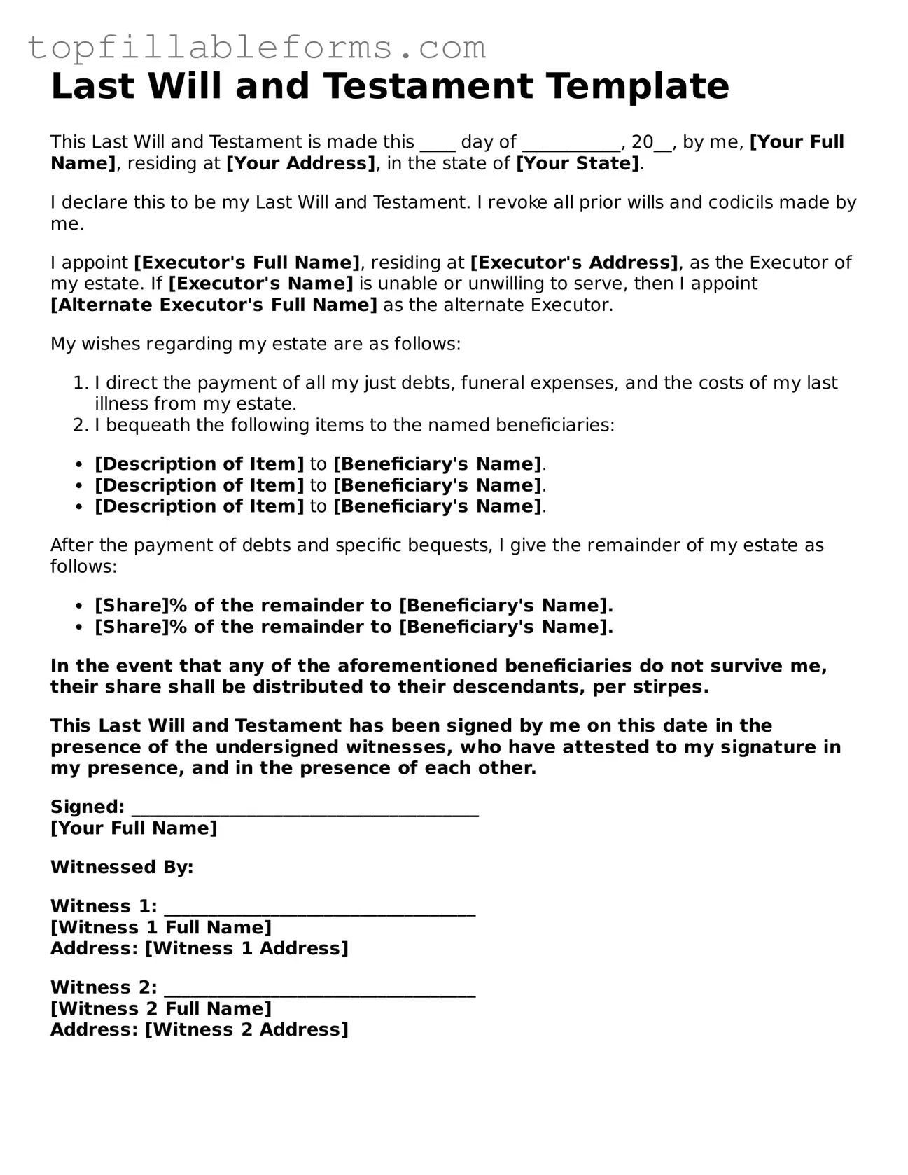 Free Last Will and Testament Form