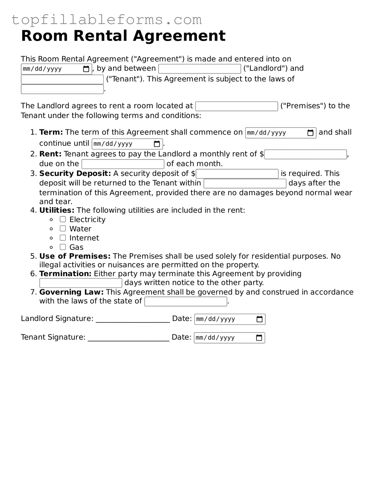Free Room Rental Agreement Form
