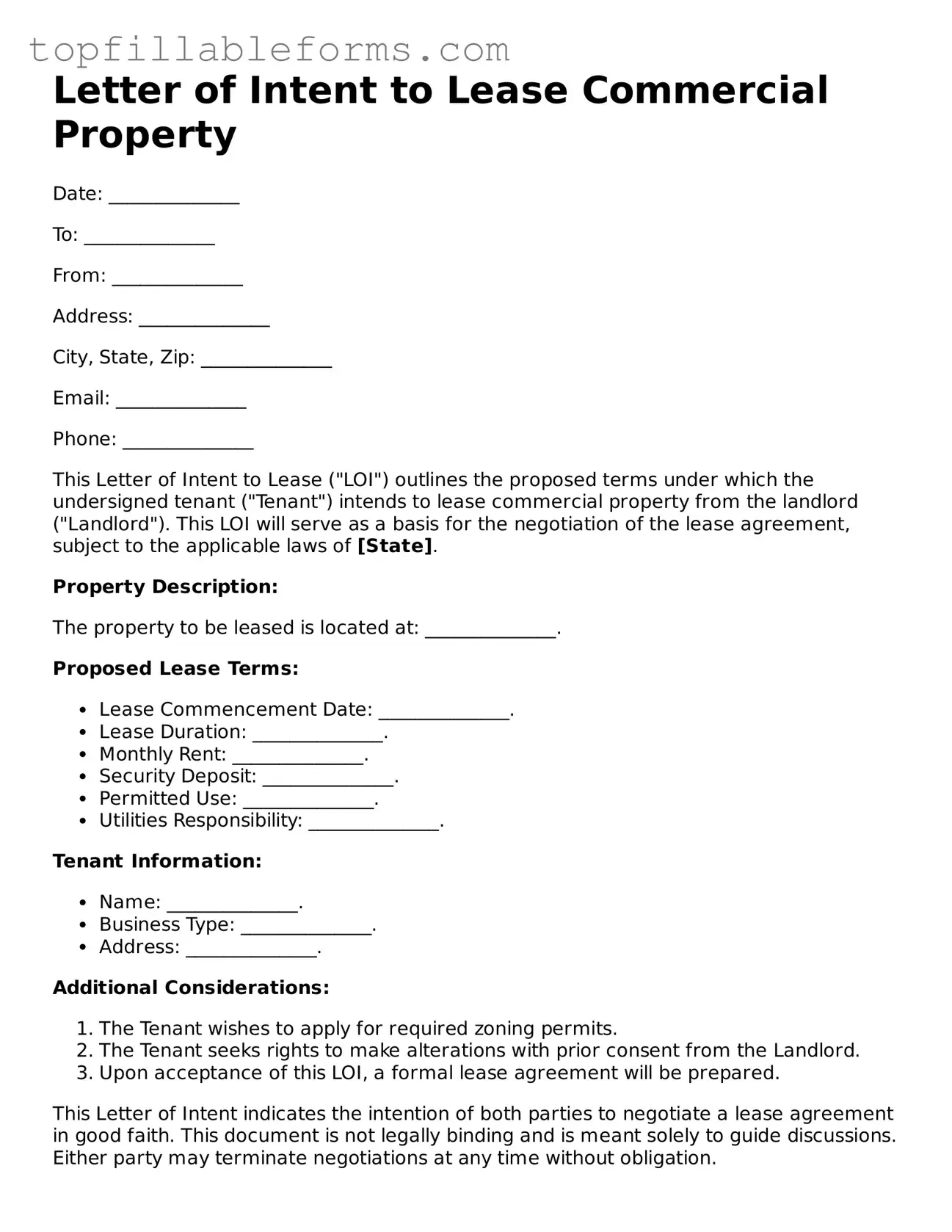 Free Letter of Intent to Lease Commercial Property Form