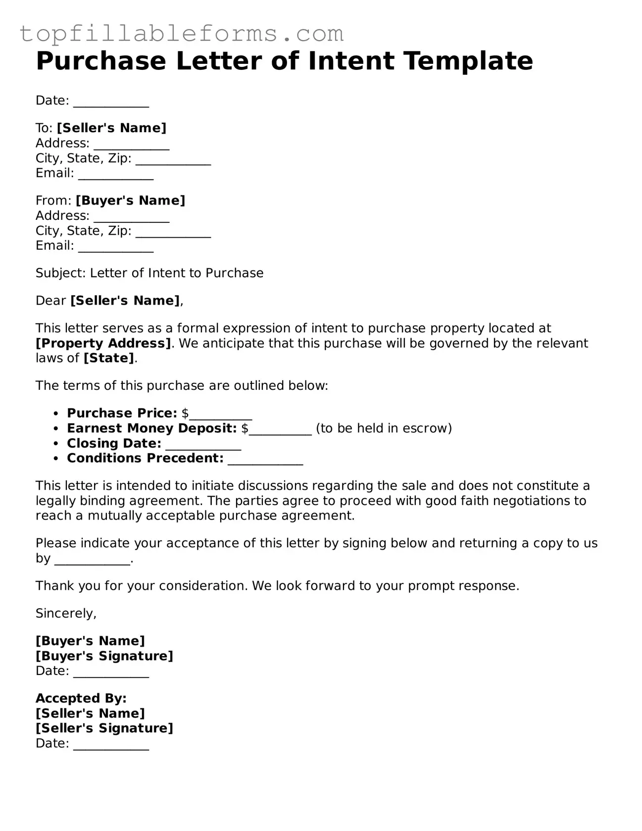 Free Purchase Letter of Intent Form