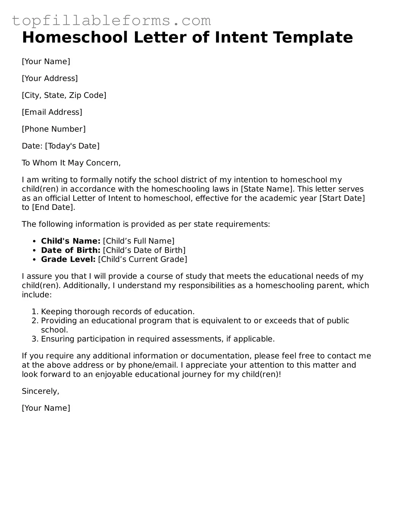 Free Homeschool Letter of Intent Form