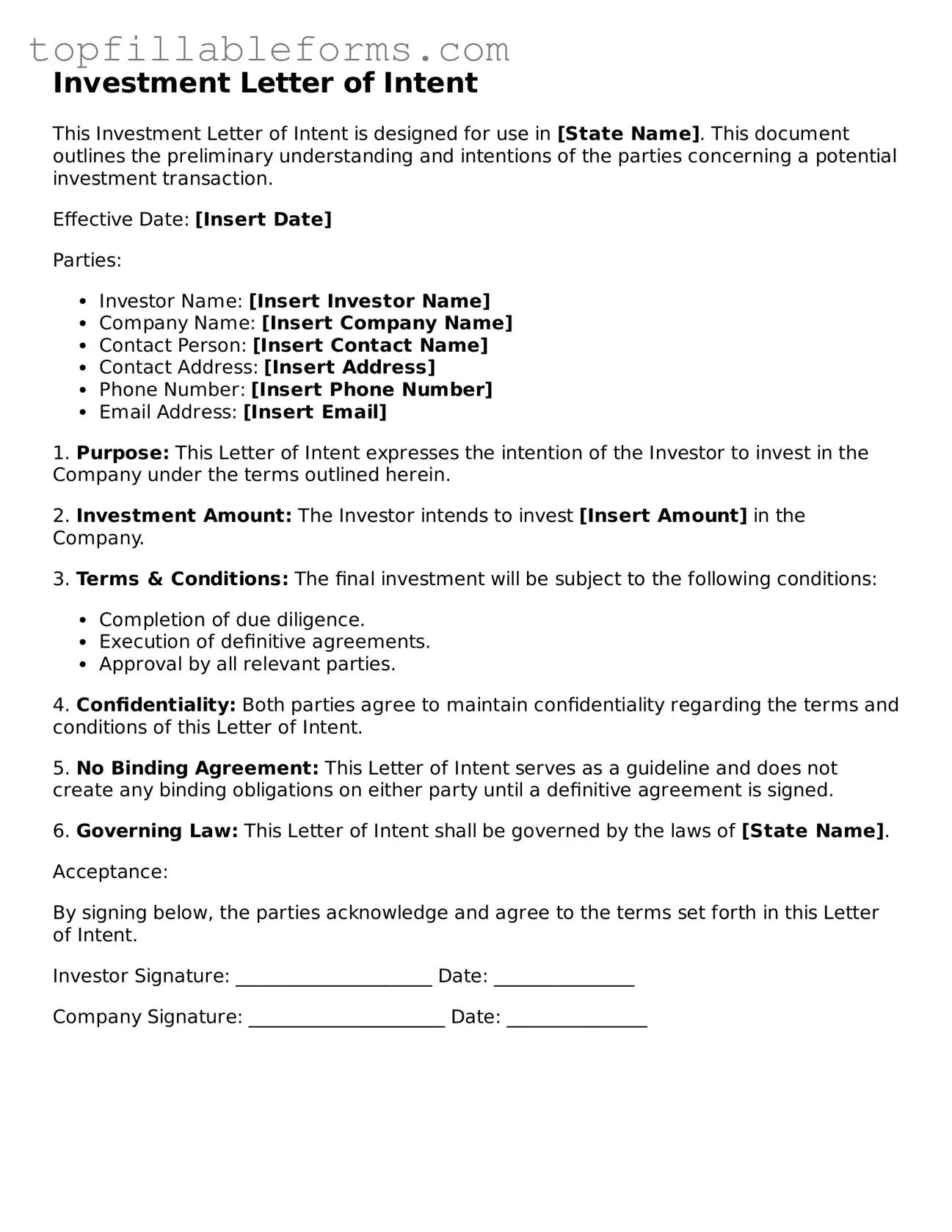 Free Investment Letter of Intent Form