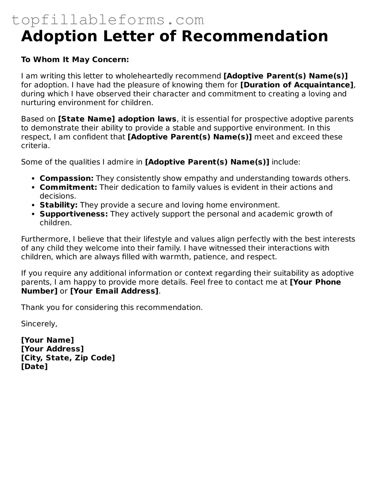 Free Adoption Letter of Recommendation Form
