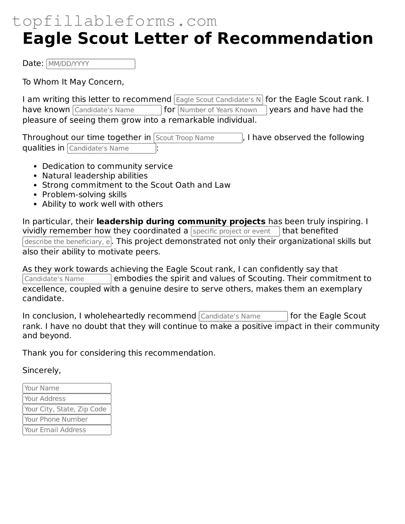 Free Eagle Scout Letter of Recommendation Form