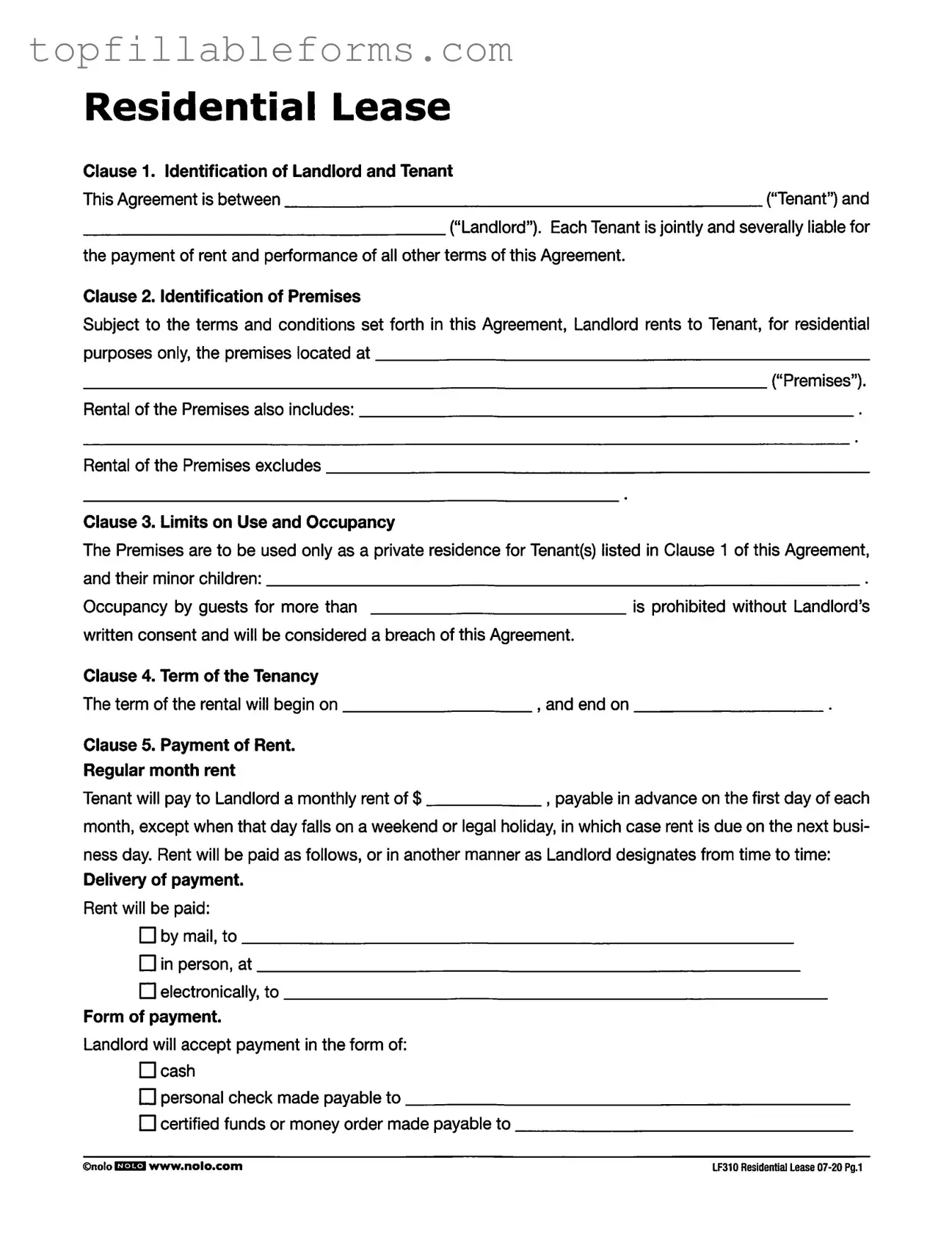 Printable Lf310 Residential Lease Form in PDF
