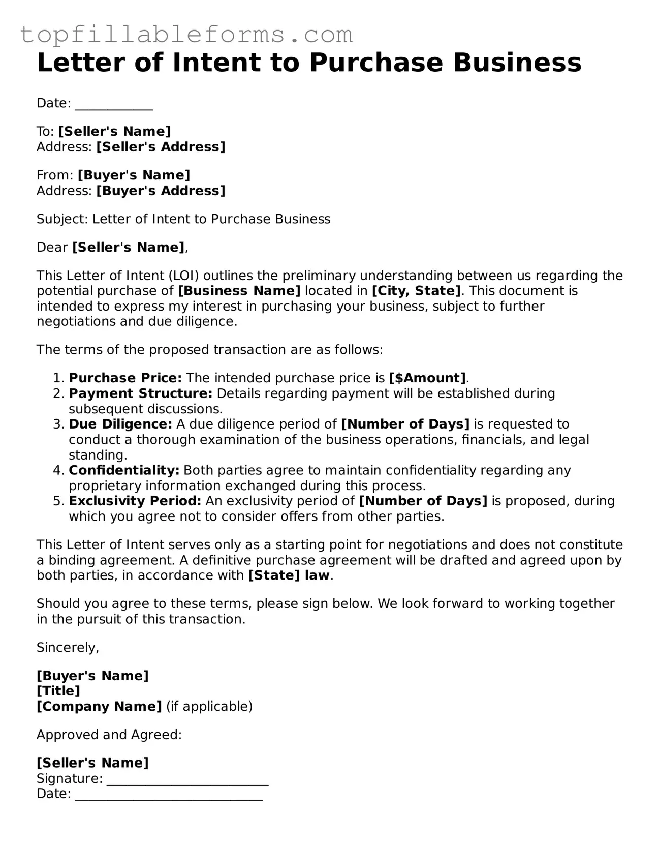 Free Letter of Intent to Purchase Business Form