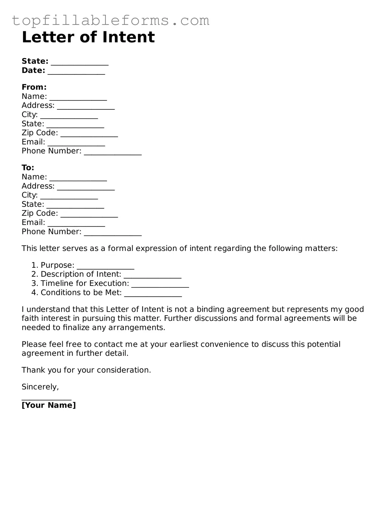 Free Letter of Intent Form