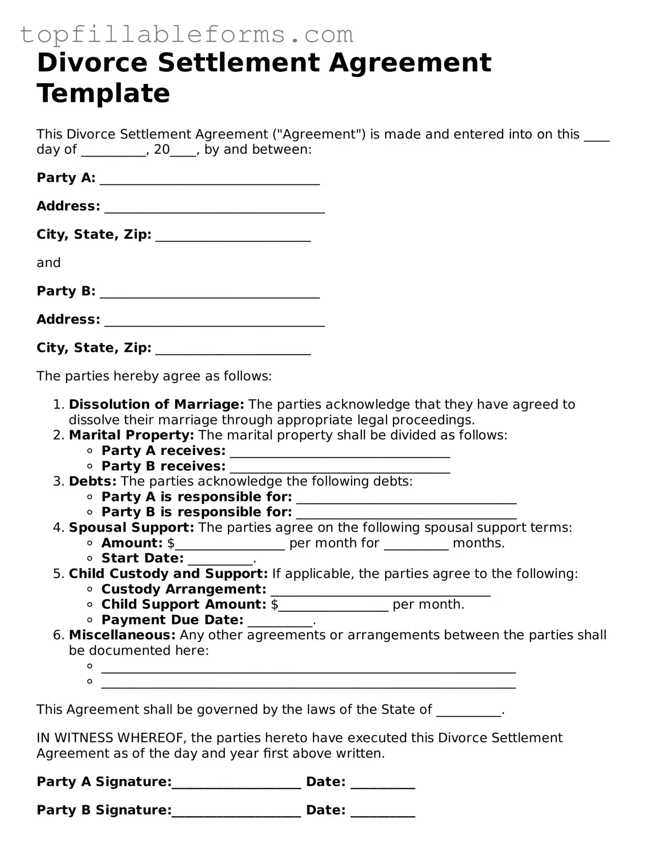 Free Divorce Settlement Agreement Form