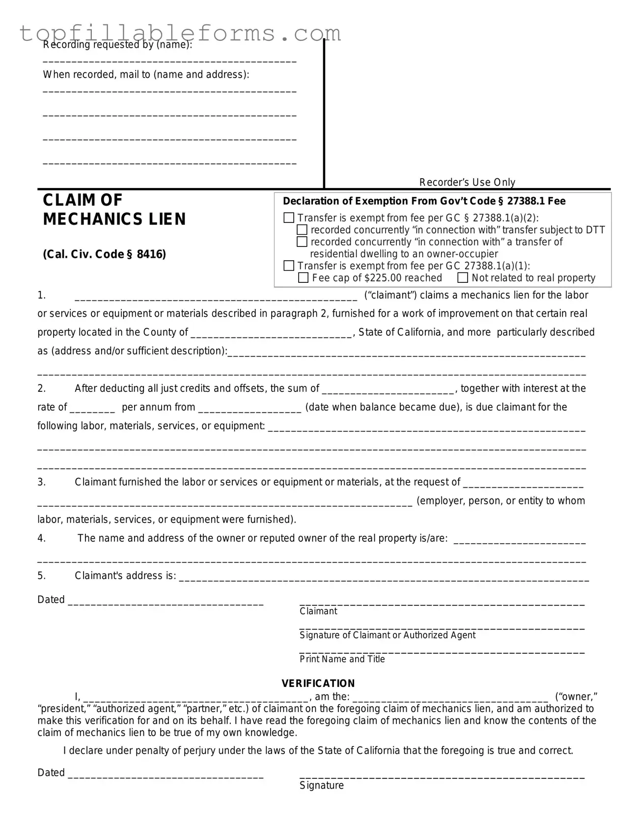 Printable Mechanics Lien California Form in PDF