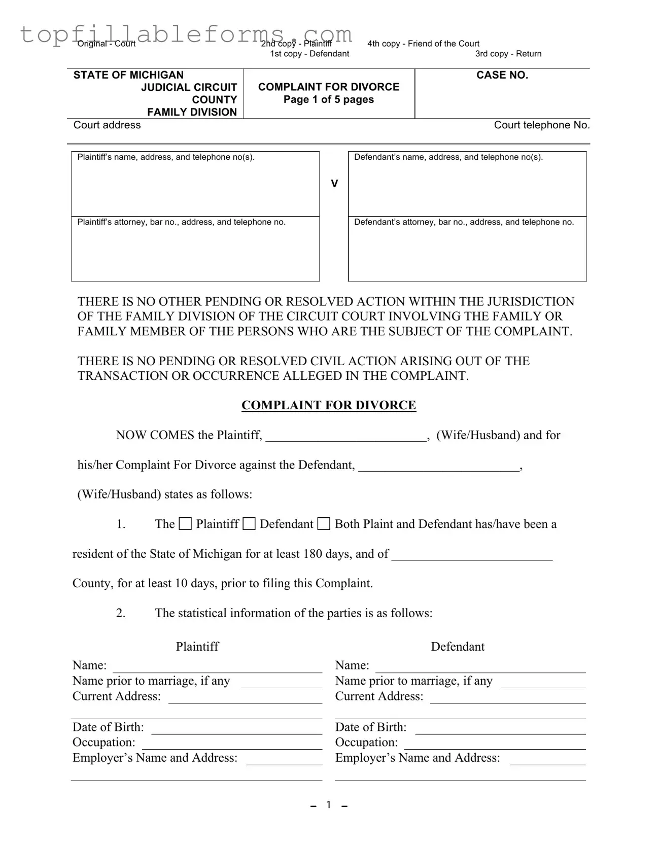 Printable Michigan Complaint Divorce Form in PDF