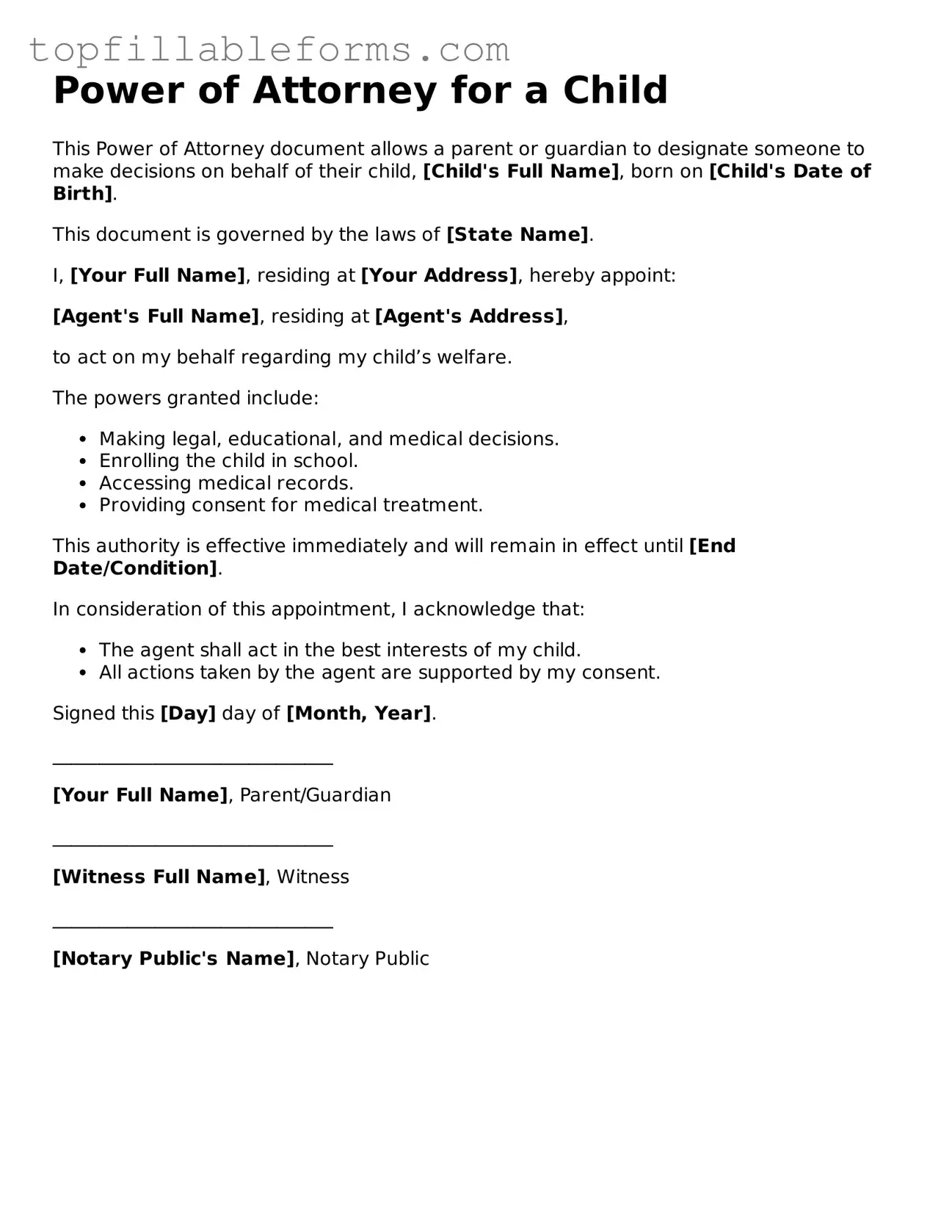 Free Power of Attorney for a Child Form