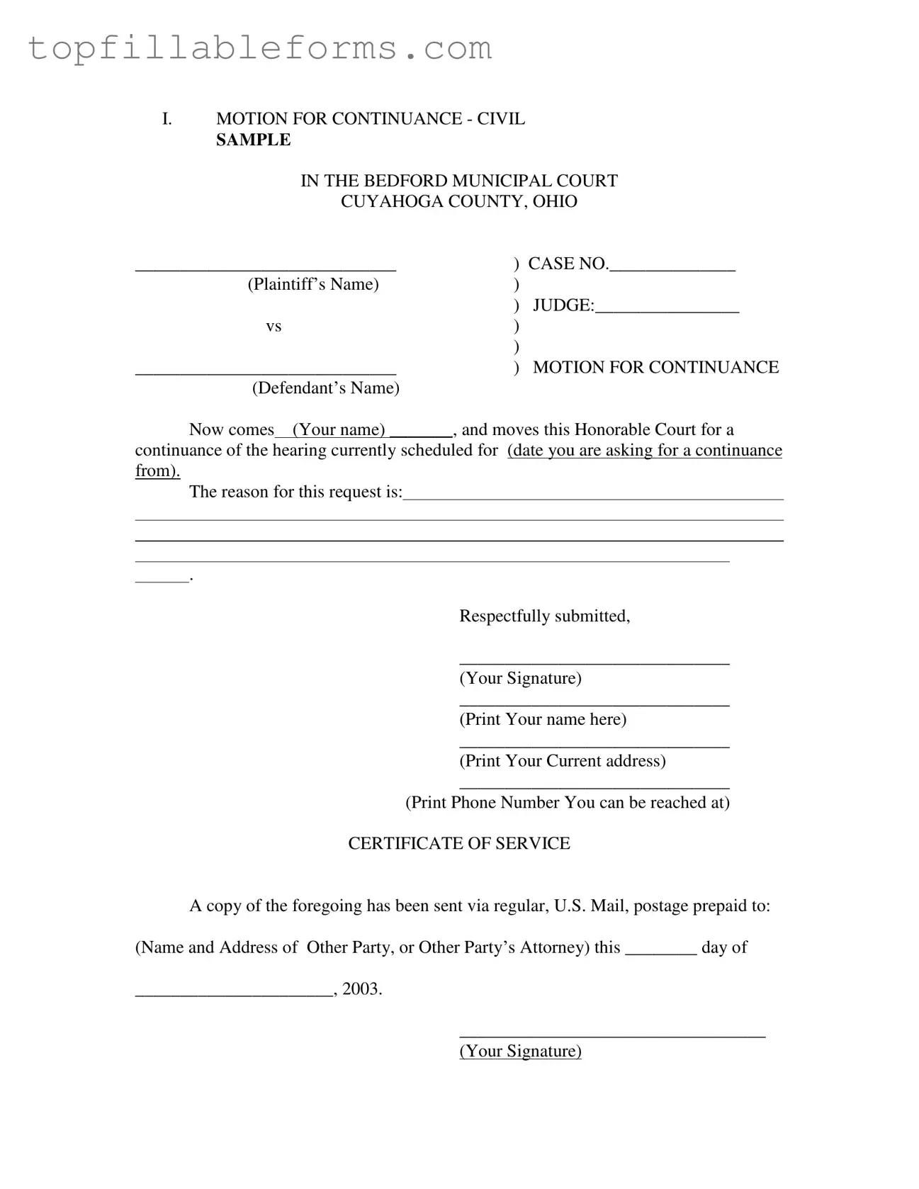 Printable Motion For Continuance Form in PDF