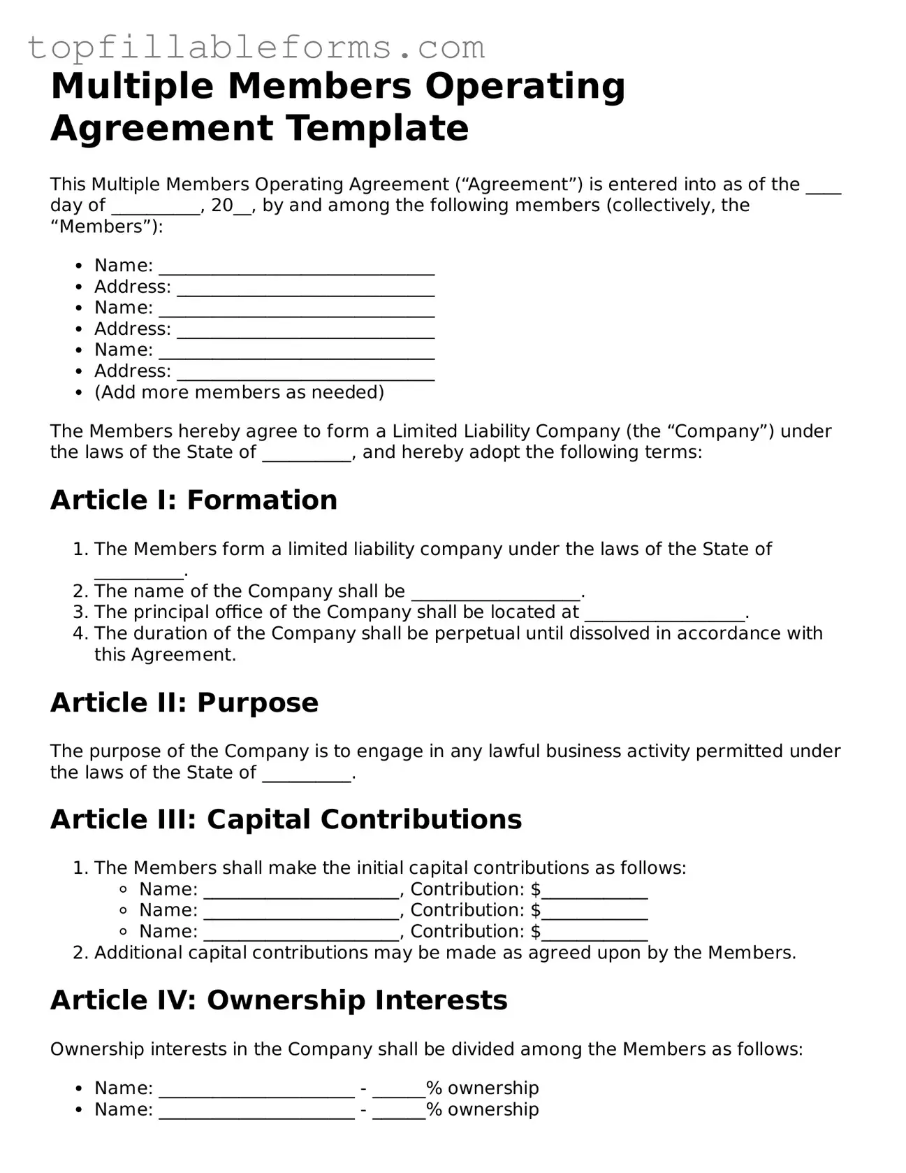 Free Multiple Members Operating Agreement Form