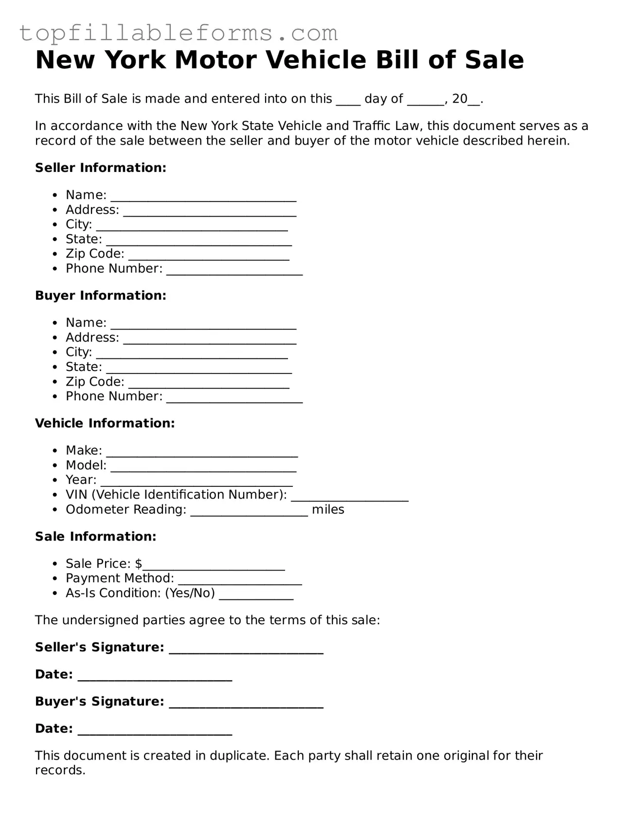 Attorney-Verified  Motor Vehicle Bill of Sale Template for New York