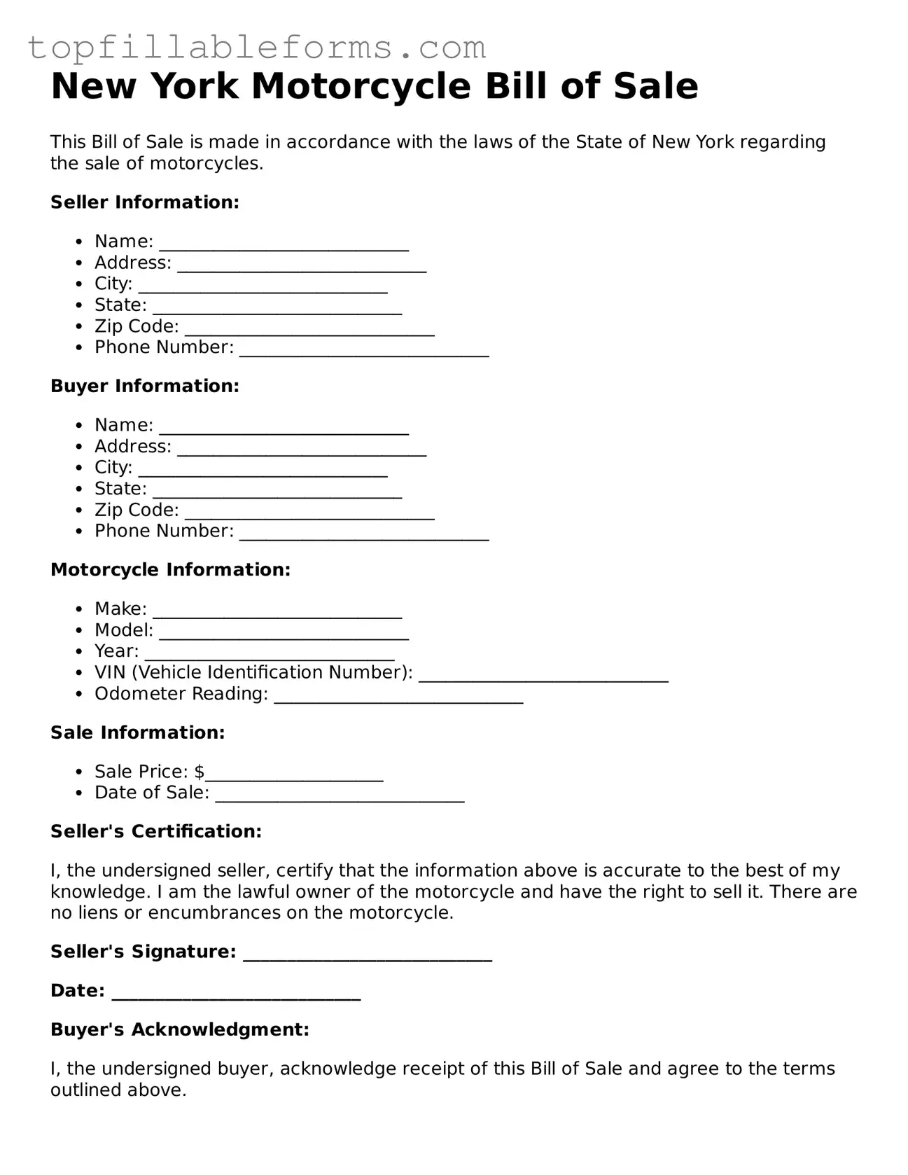 Attorney-Verified  Motorcycle Bill of Sale Template for New York