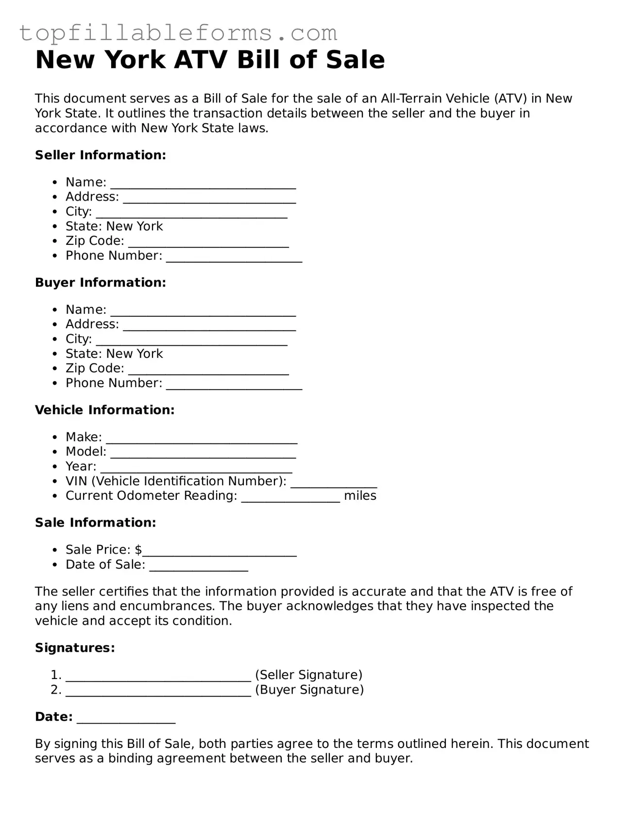 Attorney-Verified  ATV Bill of Sale Template for New York
