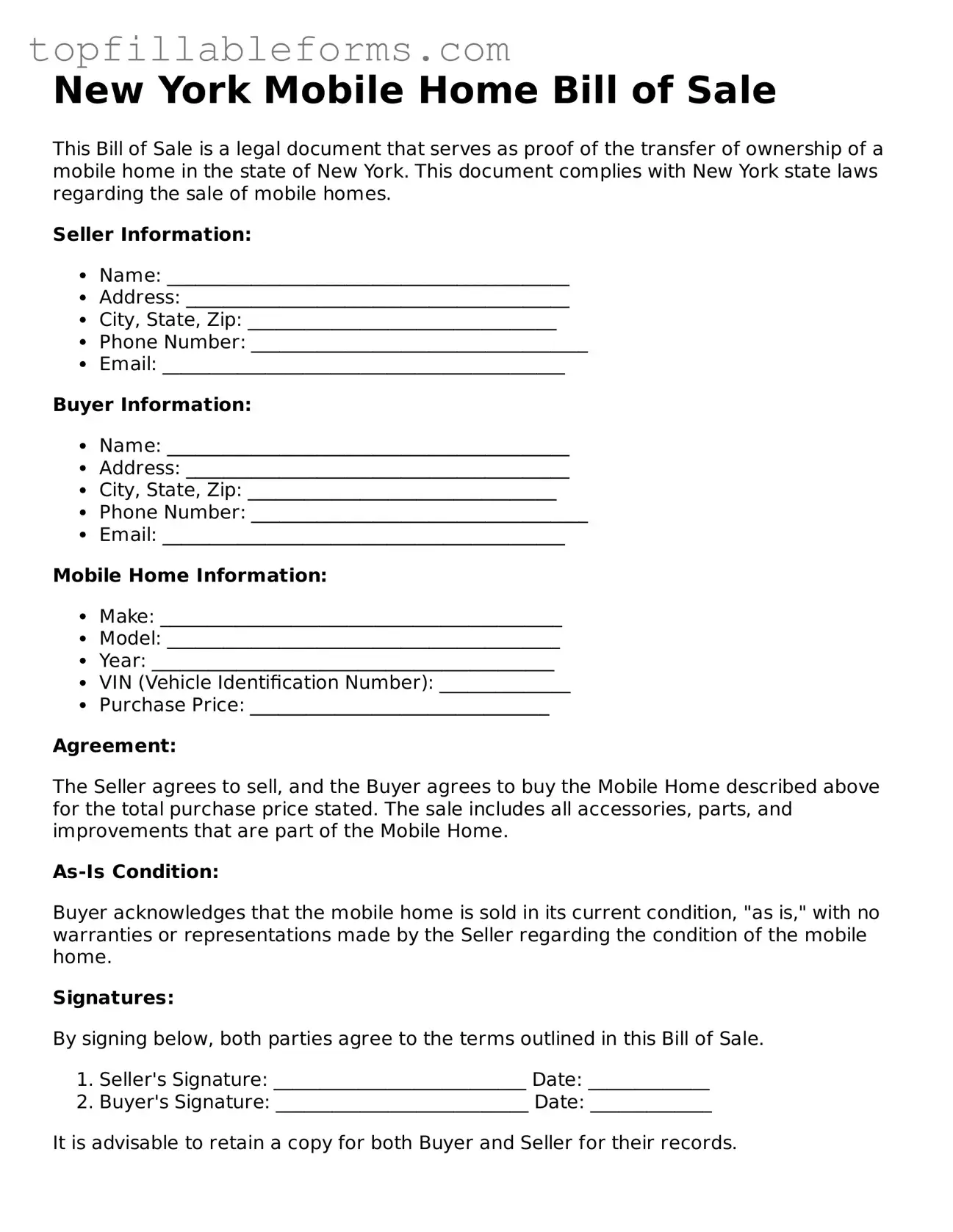 Attorney-Verified  Mobile Home Bill of Sale Template for New York