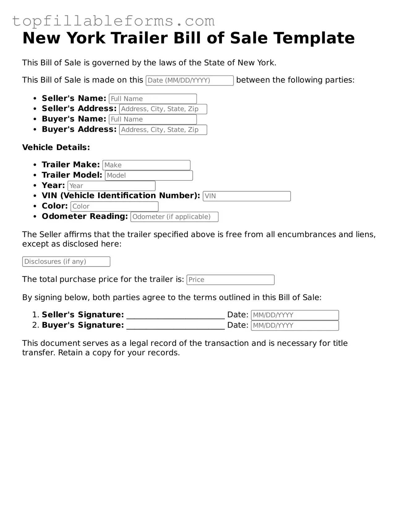 Attorney-Verified  Trailer Bill of Sale Template for New York