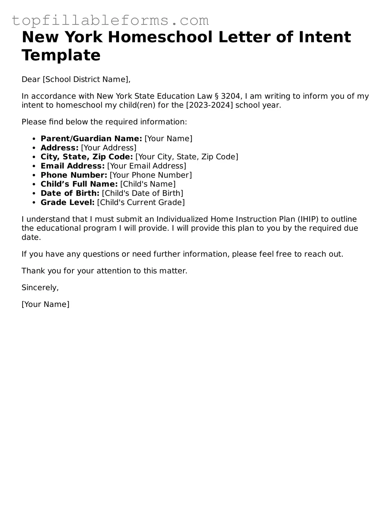 Attorney-Verified  Homeschool Letter of Intent Template for New York