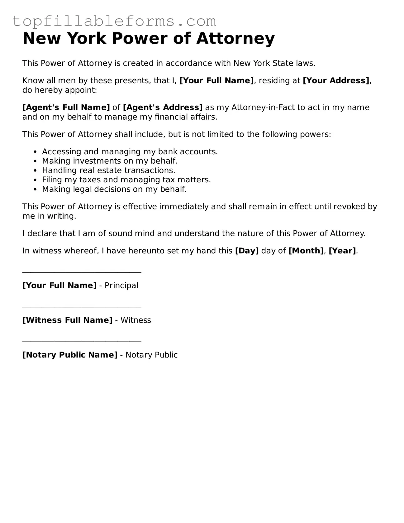 Attorney-Verified Power of Attorney Template for New York