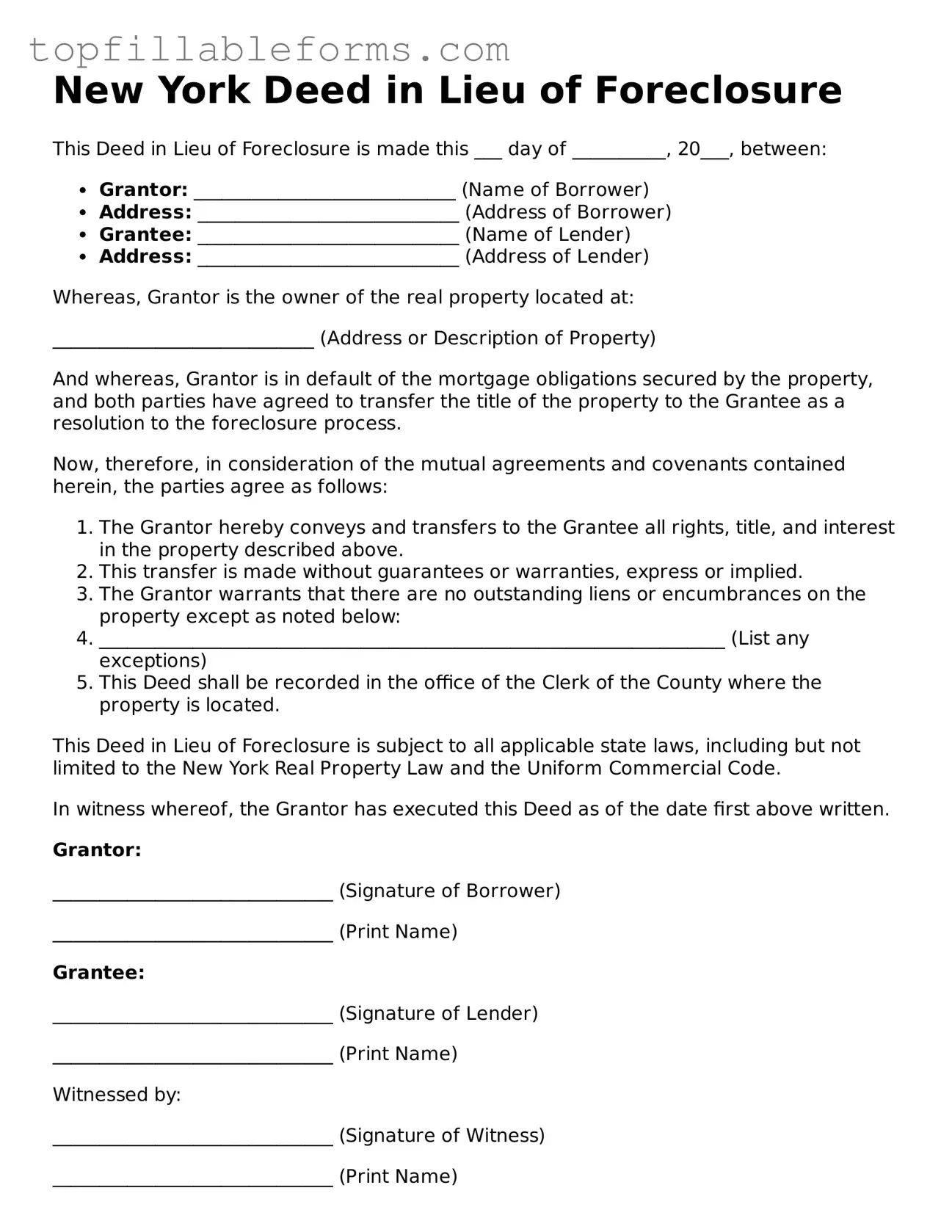 Attorney-Verified  Deed in Lieu of Foreclosure Template for New York