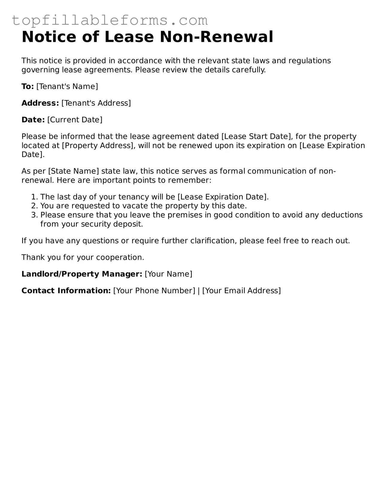 Free Notice of Lease Non-Renewal Form