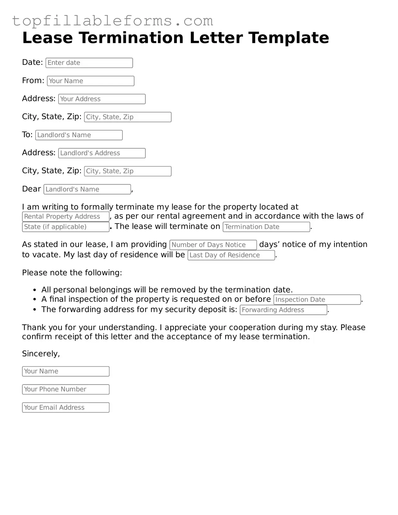 Free Lease Termination Letter Form
