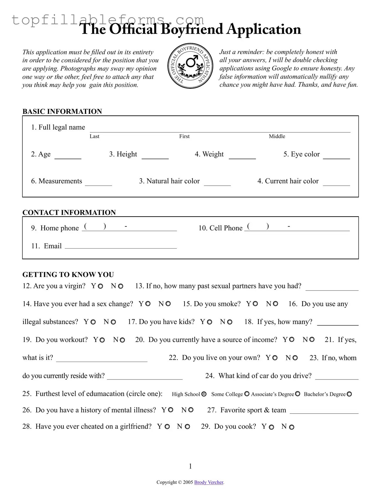 Printable Boyfriend application form Form in PDF