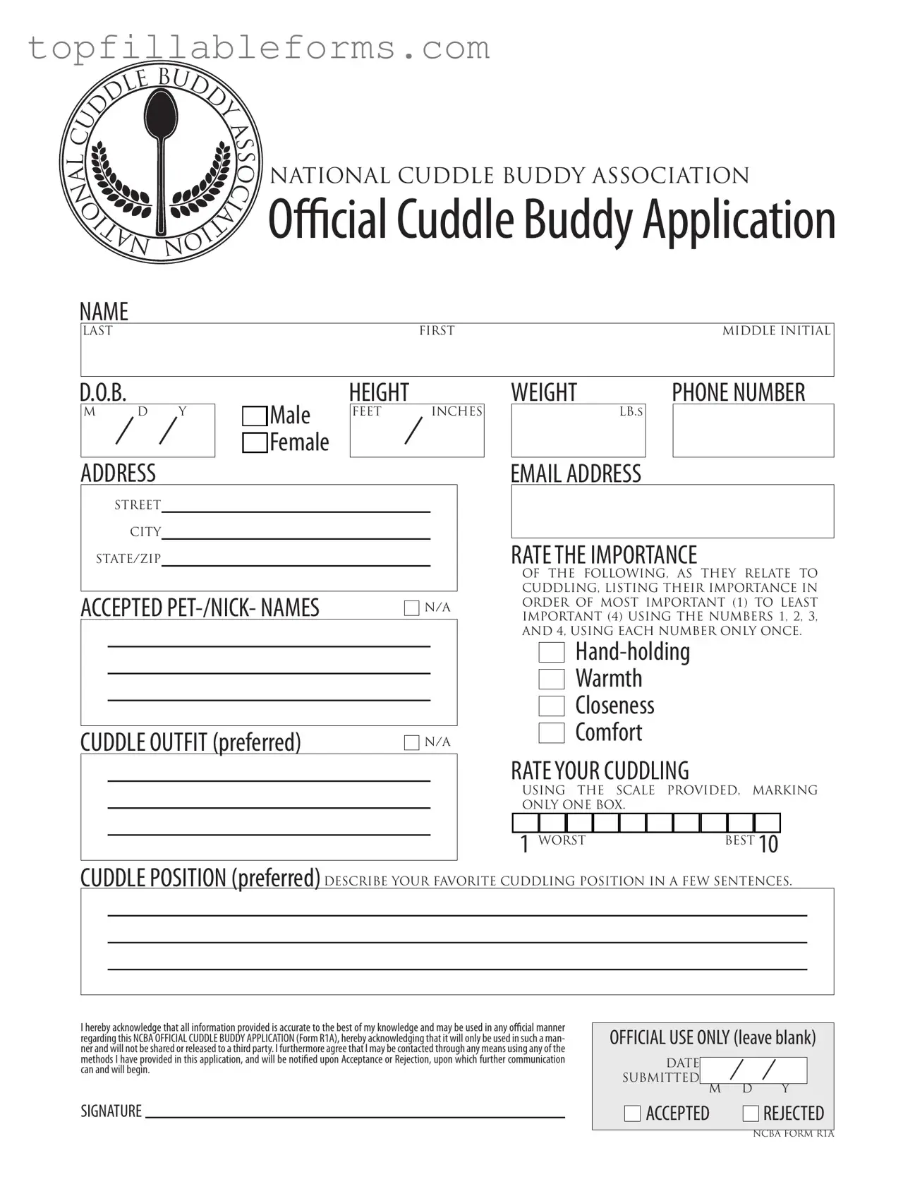 Printable Cuddle Buddy Application Form in PDF