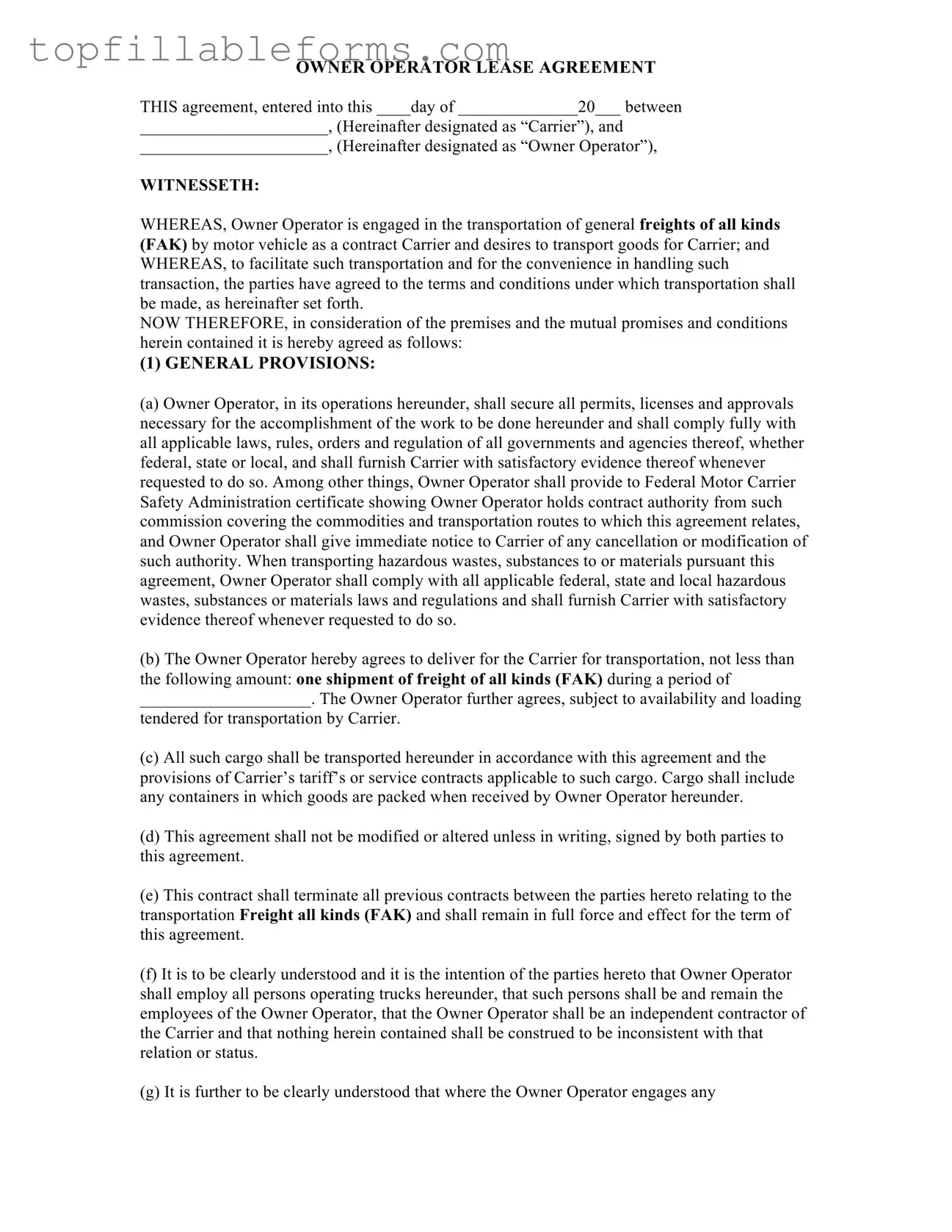 Printable Owner Operator Lease Agreement Form in PDF