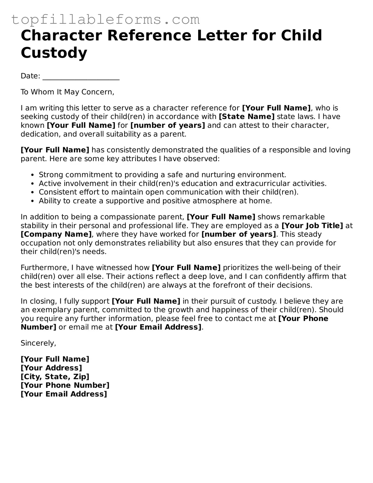 Free Character Reference Letter for Child Custody Form