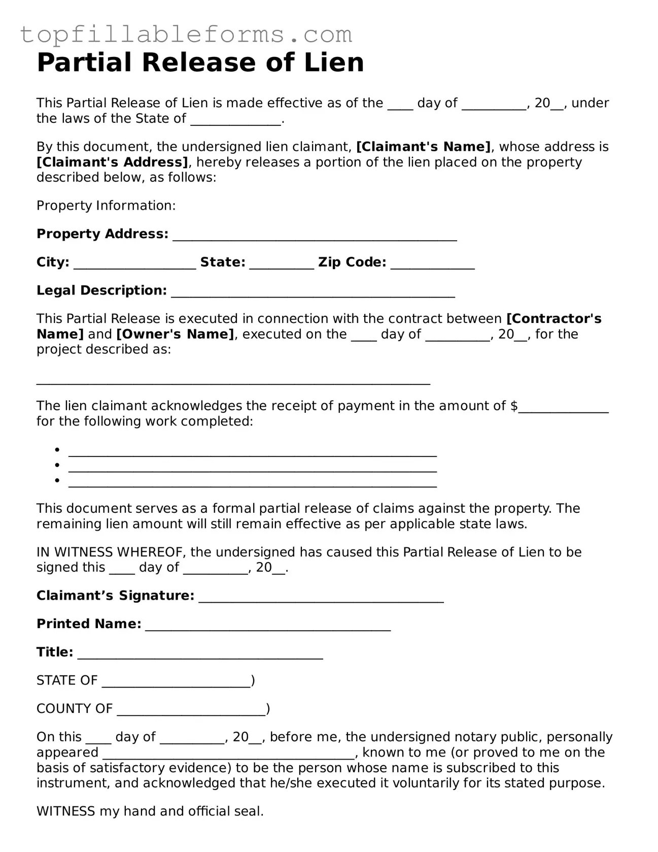 Free Partial Release of Lien Form