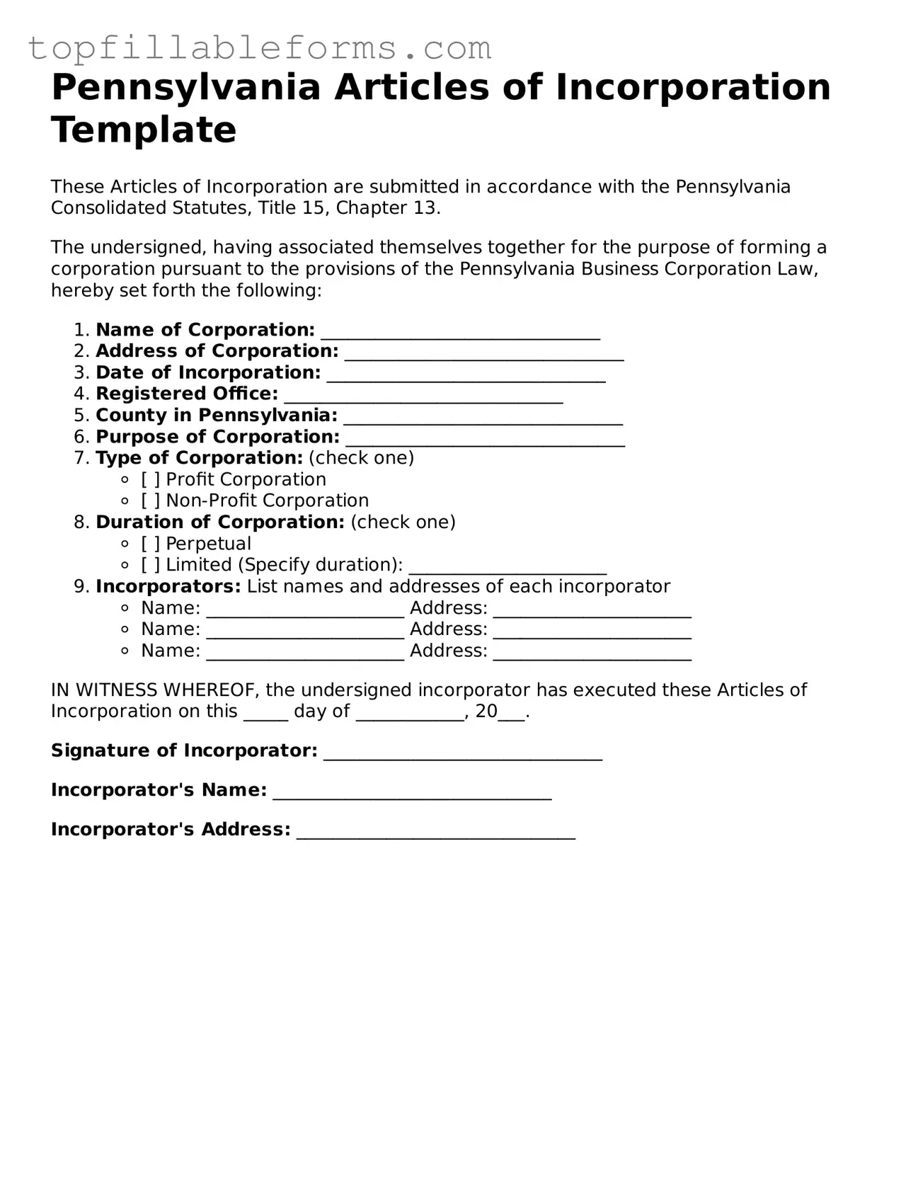 Attorney-Verified  Articles of Incorporation Template for Pennsylvania