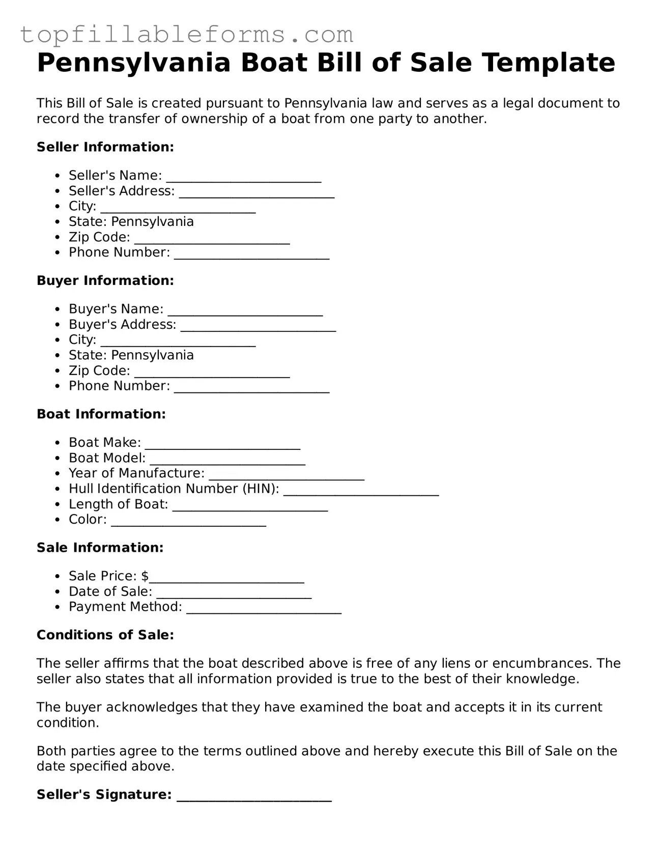 Attorney-Verified  Boat Bill of Sale Template for Pennsylvania