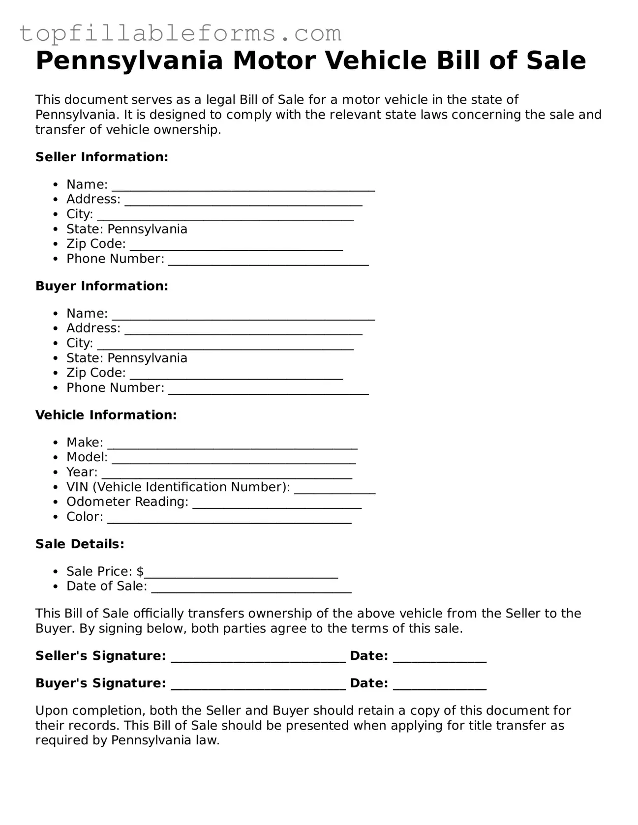 Attorney-Verified  Motor Vehicle Bill of Sale Template for Pennsylvania