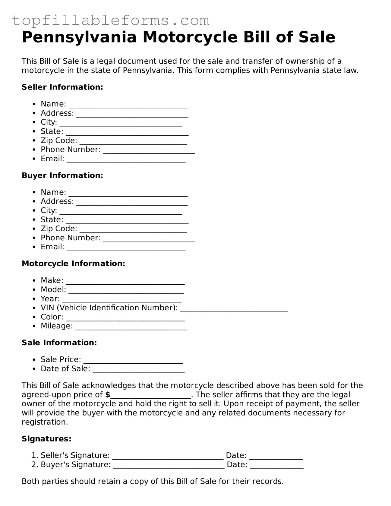 Attorney-Verified  Motorcycle Bill of Sale Template for Pennsylvania