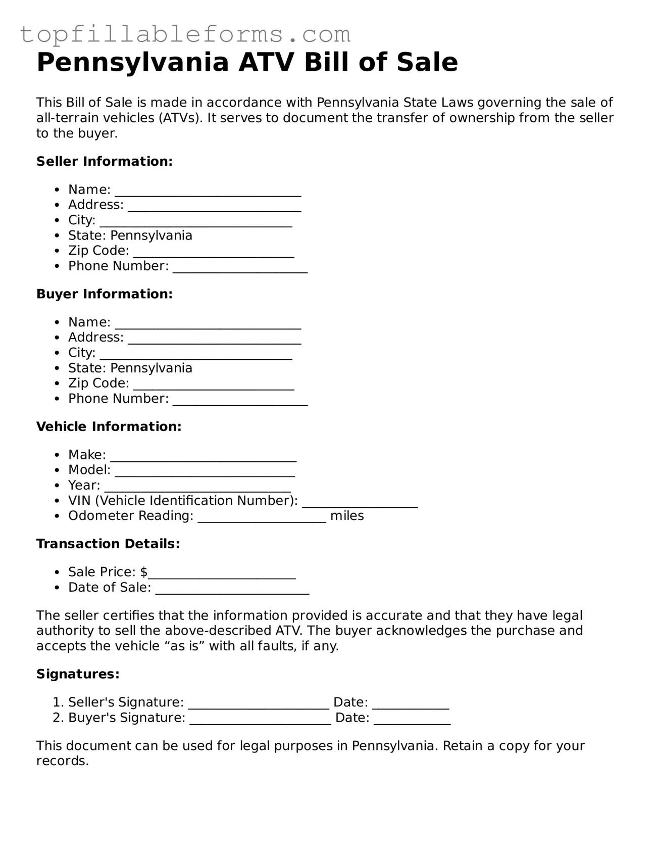 Attorney-Verified  ATV Bill of Sale Template for Pennsylvania