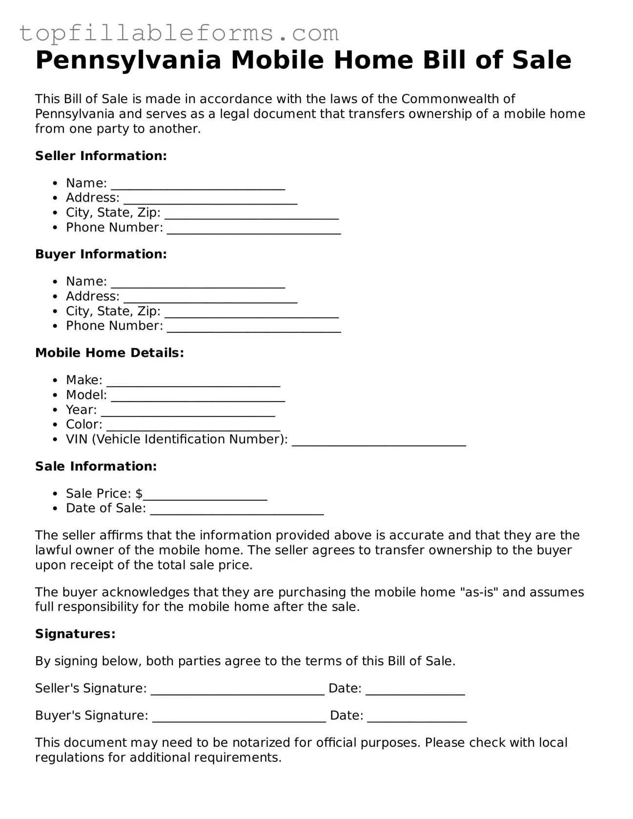 Attorney-Verified  Mobile Home Bill of Sale Template for Pennsylvania