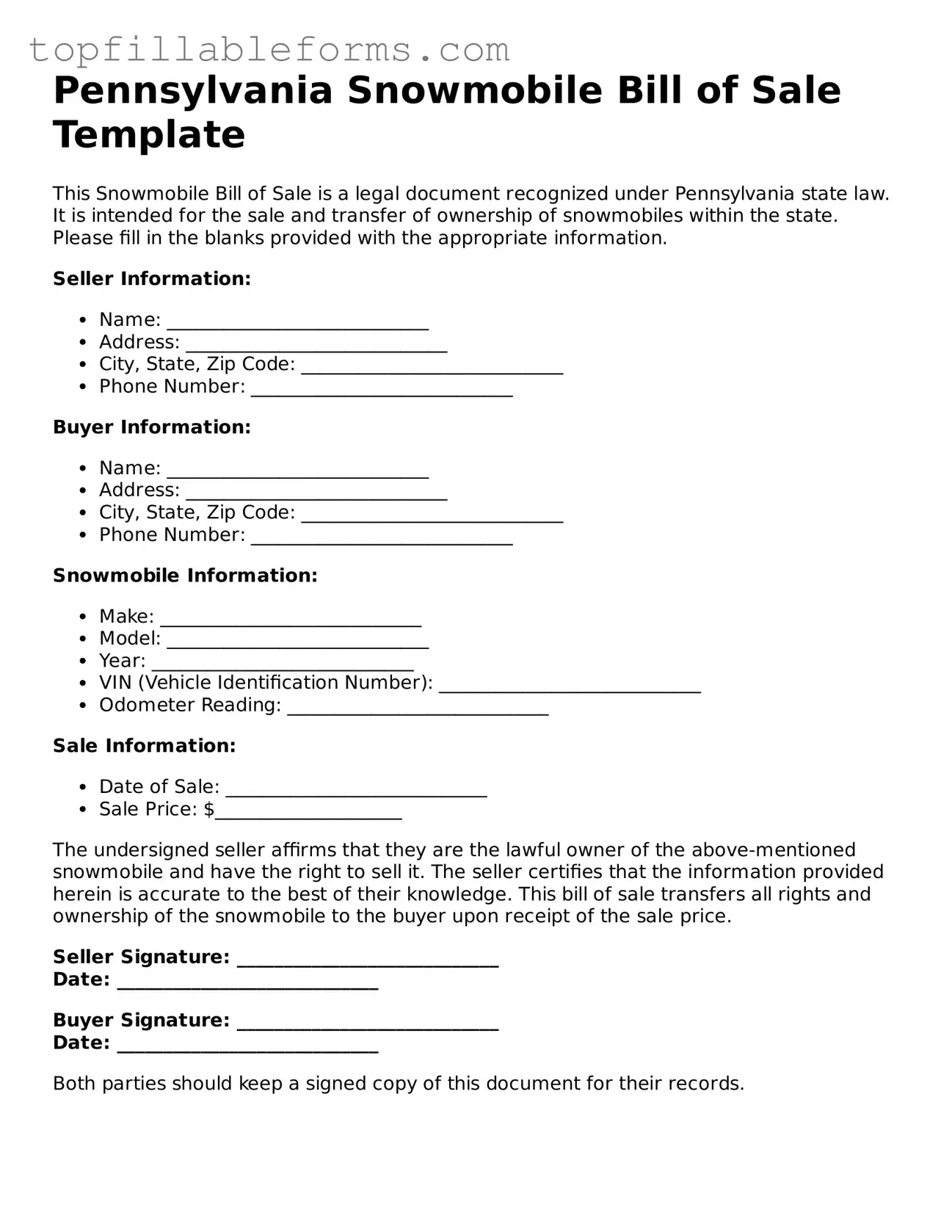 Attorney-Verified  Snowmobile Bill of Sale Template for Pennsylvania
