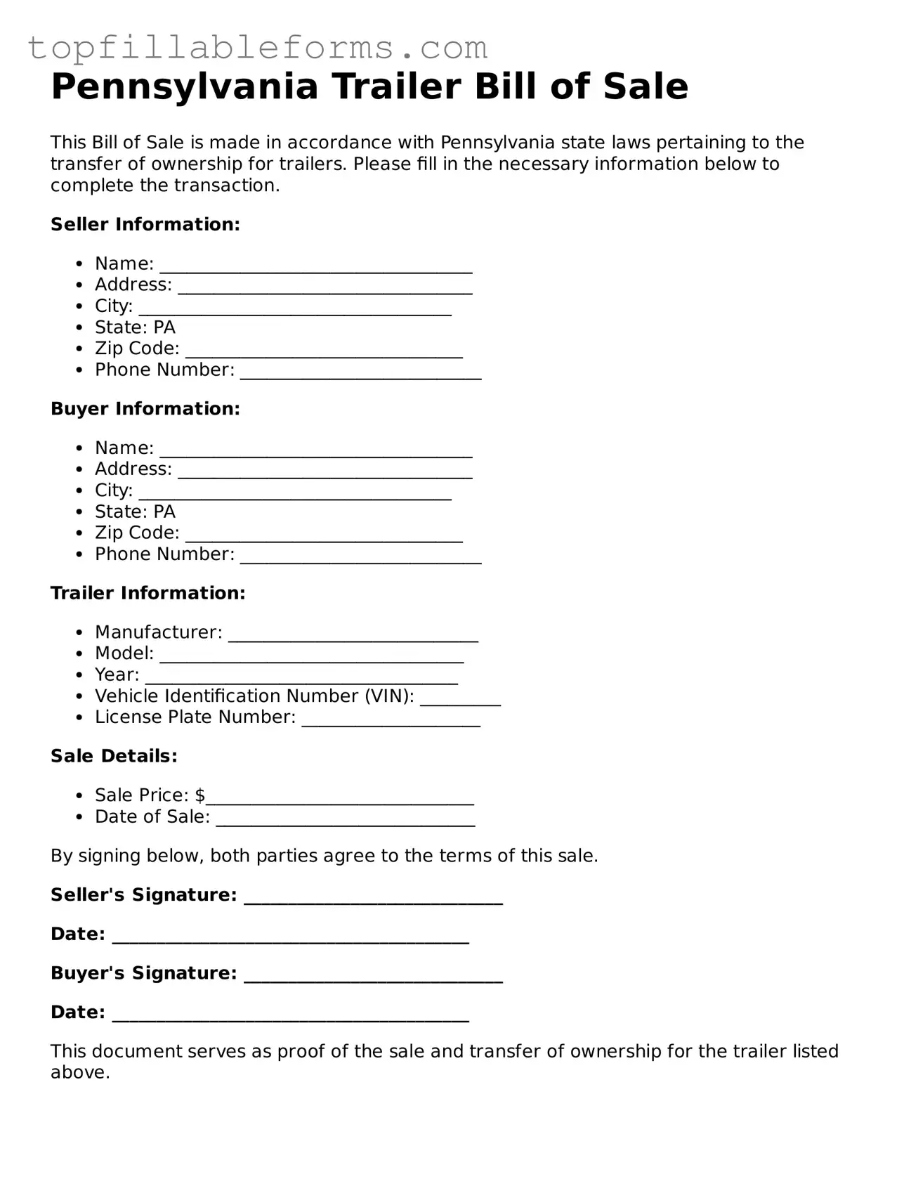 Attorney-Verified  Trailer Bill of Sale Template for Pennsylvania