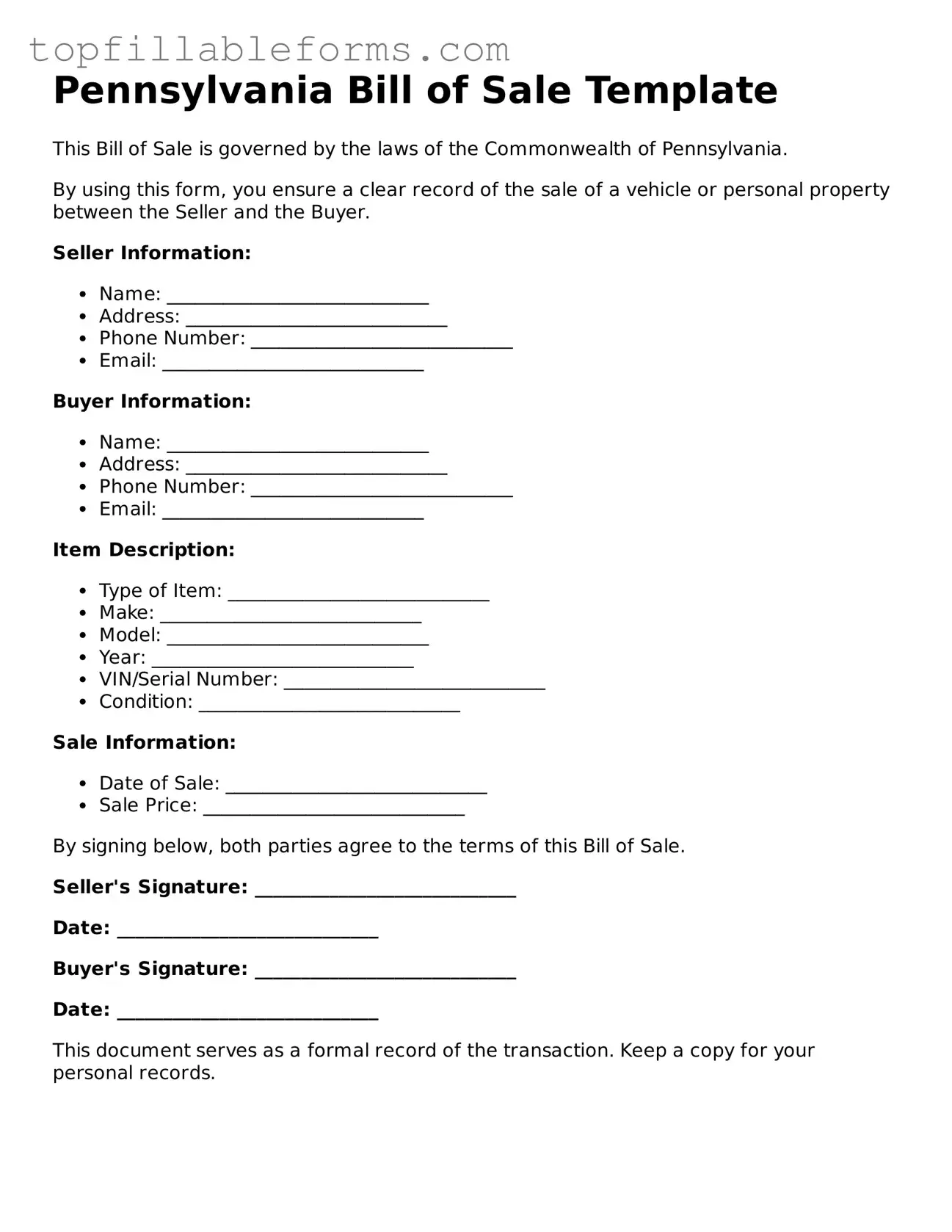 Attorney-Verified  Bill of Sale Template for Pennsylvania