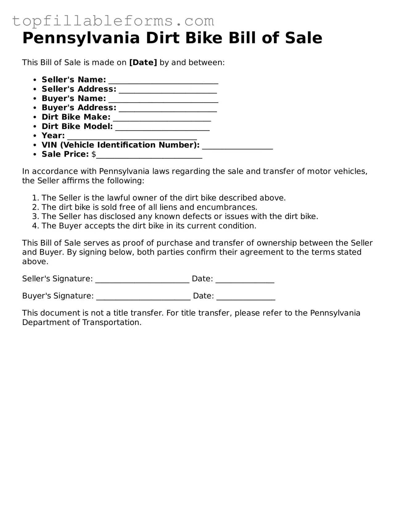Attorney-Verified  Dirt Bike Bill of Sale Template for Pennsylvania