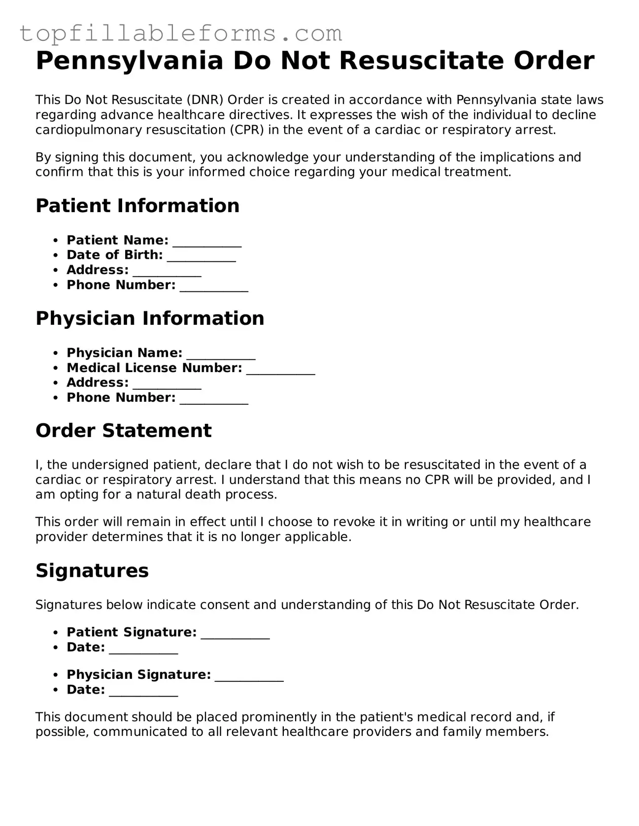Attorney-Verified  Do Not Resuscitate Order Template for Pennsylvania