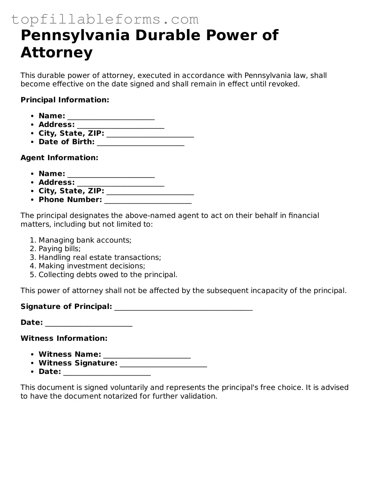 Attorney-Verified  Durable Power of Attorney Template for Pennsylvania