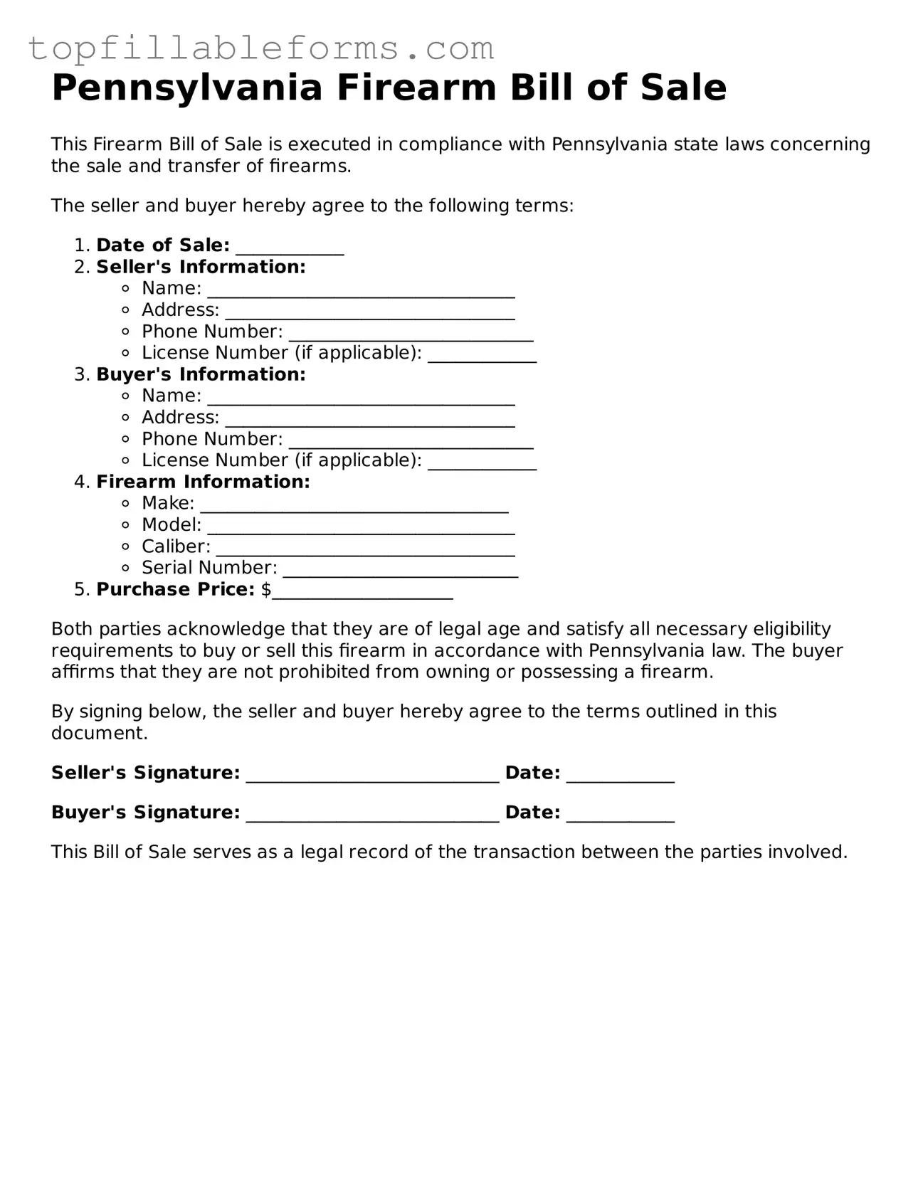 Attorney-Verified  Firearm Bill of Sale Template for Pennsylvania