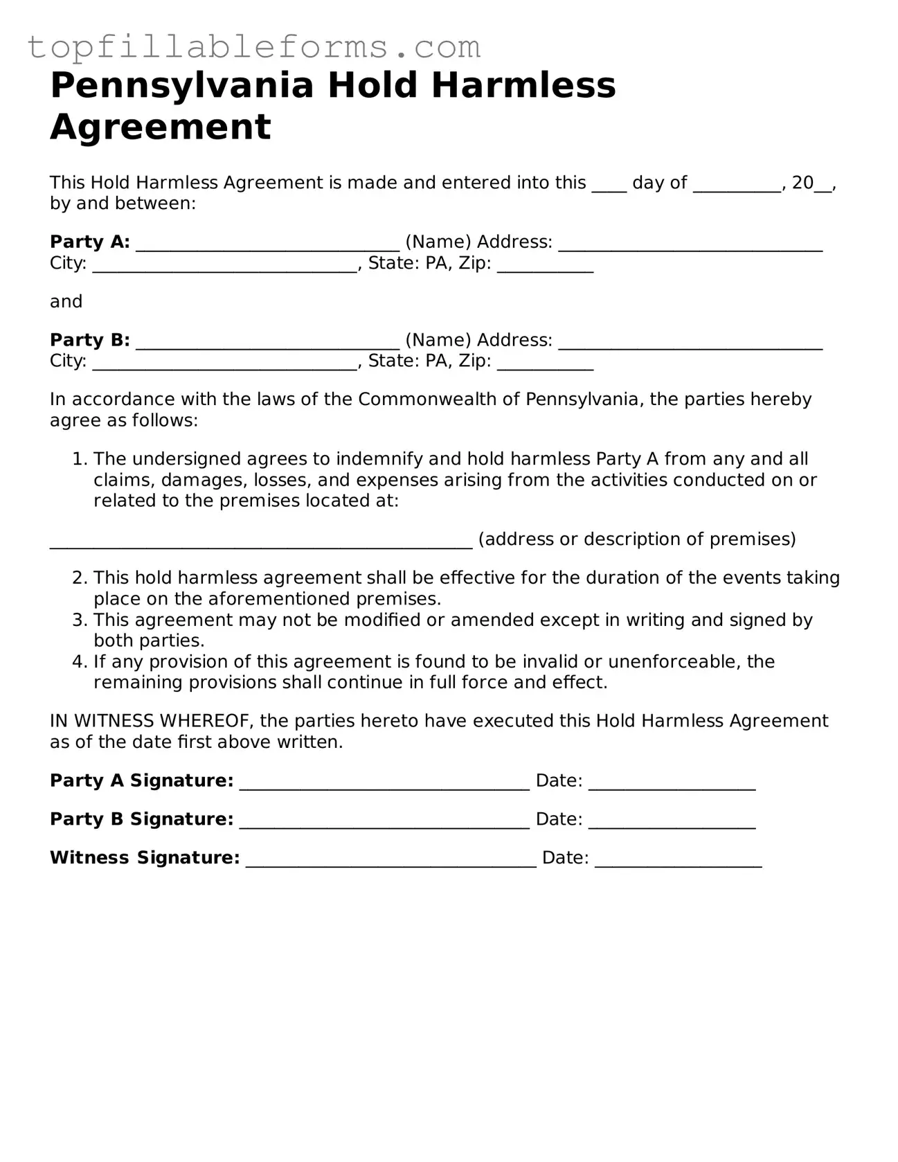 Attorney-Verified  Hold Harmless Agreement Template for Pennsylvania