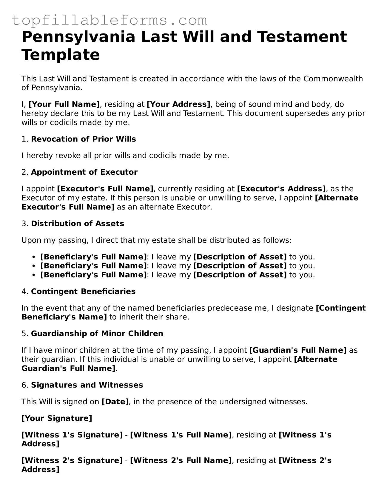 Attorney-Verified  Last Will and Testament Template for Pennsylvania