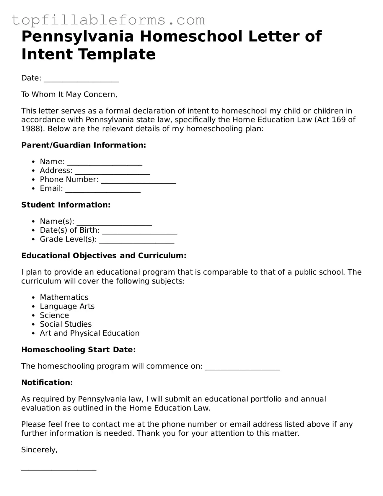 Attorney-Verified  Homeschool Letter of Intent Template for Pennsylvania