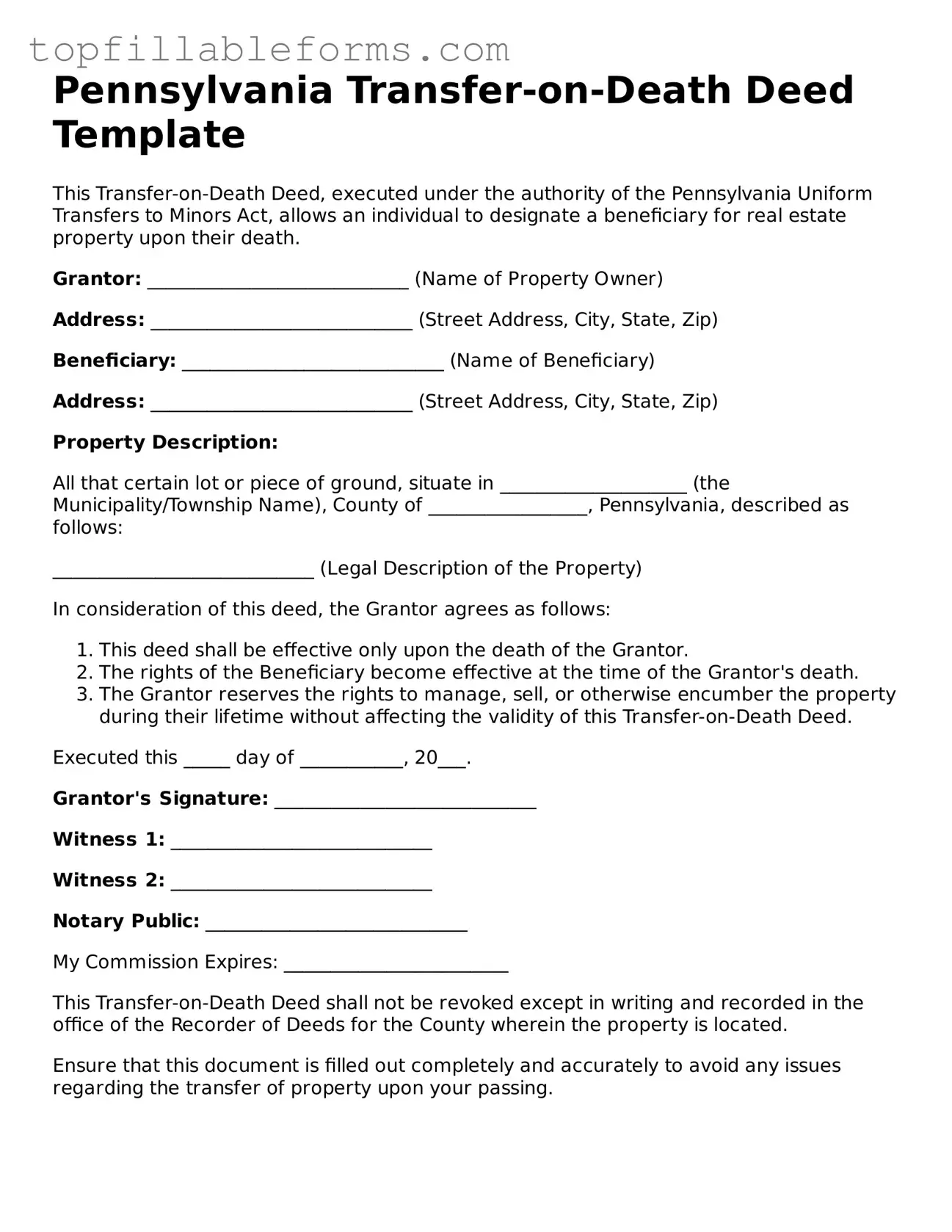 Attorney-Verified  Transfer-on-Death Deed Template for Pennsylvania